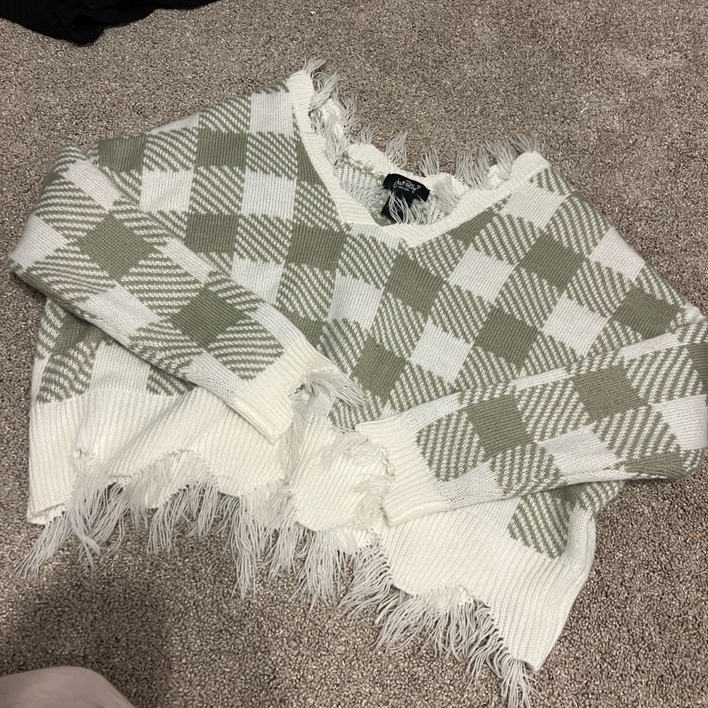 Fringed Checkered Sweater in Green and White